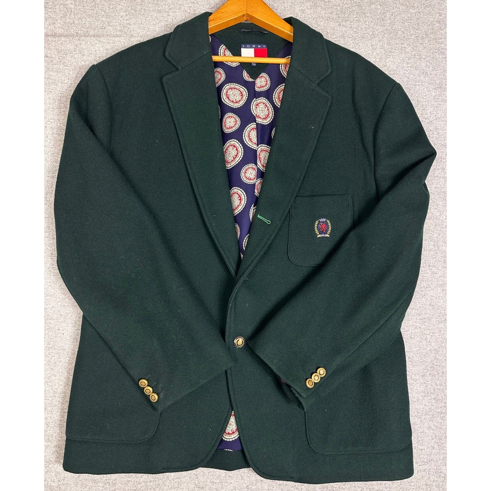 VTG 90s Tommy Hilfiger Gold Crest Button Blazer XL 46R Green‎ Wool Paisley Lined